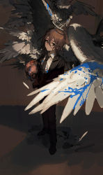 Rule 34 | 1boy, absurdres, angel devil (chainsaw man), angel wings, angry, black coat, black necktie, black suit, blood, blood on clothes, blue blood, business suit, chainsaw man, ciloranko, coat, colored blood, decapitation, feathered wings, feathers, formal, full body, hair between eyes, head, highres, looking at viewer, necktie, solo, standing, stylized blood, suit, white wings, wings