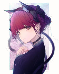 Rule 34 | 1girl, absurdres, animal ears, black bow, black dress, blush, bow, braid, breasts, cat ears, choker, collar, collarbone, collared shirt, dress, extra ears, frilled dress, frilled sleeves, frills, hair bow, hair ornament, hand up, highres, hito komoru, kaenbyou rin, long sleeves, looking at viewer, medium hair, multiple tails, nail polish, nekomata, red eyes, red hair, red nails, shirt, simple background, small breasts, smile, solo, tail, touhou, twin braids, two tails, upper body