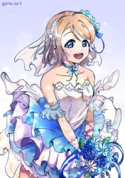 Rule 34 | 1girl, absurdres, aqua dress, armpits, artist request, bare shoulders, blue bow, blue dress, blue eyes, blue flower, blue rose, blush, bow, brown hair, dated, detached sleeves, dress, earrings, female focus, flower, garter straps, hair between eyes, highres, jewelry, lingerie, looking at viewer, love live!, love live! sunshine!!, open mouth, ring, rose, short hair, short sleeves, smile, solo, strapless, strapless dress, sunset, swept bangs, teeth, thighs, tiara, underwear, watanabe you, waves, wedding dress