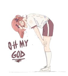 Rule 34 | 1girl, absurdres, bat hair ornament, bent over, blush, breath, closed eyes, dripping, english text, exhausted, gabriel dropout, gym uniform, hair ornament, hair rings, hands on own thighs, heavy breathing, highres, kneehighs, looking down, open mouth, playing sports, red hair, satanichia kurumizawa mcdowell, see-through, see-through shirt, shirt, shoes, shorts, simple background, socks, solo, sweat, sweaty clothes, t-shirt, white background, zlix0n