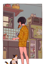 Rule 34 | 1girl, absurdres, animal, black hair, bowl, bread, bread slice, calico, cat, cup, flower, food, food in mouth, from behind, giri9211, highres, holding, indoors, kettle, kitchen, microwave, milk, milk carton, mouth hold, original, outside border, pajamas, plant, potted plant, pouring, refrigerator, short hair, shorts, solo, toast, toast in mouth, toaster, window