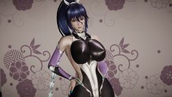 Rule 34 | 1girl, 3d, blue hair, blue nails, bodysuit, chain whip, covered erect nipples, eyeshadow, highres, impossible clothes, lipstick, long hair, looking at viewer, makeup, mascara, nipples, non-web source, ponytail, red eyes, red lips, smile, solo, taimanin (series), uehara rin, weapon, whip