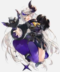 Rule 34 | 1girl, :d, ahoge, ankle cuffs, ascot, bird, black dress, blush, crow (la+ darknesss), demon horns, dress, full body, highres, hololive, horns, la+ darknesss, long hair, long sleeves, looking at animal, multicolored hair, open mouth, purple hair, purple legwear, shoes, silver hair, simple background, single leg pantyhose, smile, solo, soraneko hino, streaked hair, very long hair, virtual youtuber, white background, yellow ascot, yellow eyes