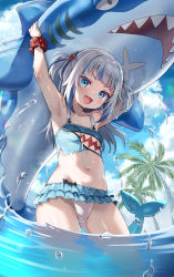 Rule 34 | 1girl, :d, adapted costume, armpits, arms up, ayaoshiro, bikini, blue eyes, blue hair, blunt bangs, breasts, cloud, day, fins, fish tail, frilled swimsuit, frills, gawr gura, gluteal fold, hair ornament, highres, hololive, hololive english, long hair, looking at viewer, multicolored hair, navel, open mouth, outdoors, palm tree, scrunchie, shark tail, sharp teeth, small breasts, smile, solo, standing, streaked hair, summer, swimsuit, tail, tankini, teeth, tree, virtual youtuber, wading, water, wet, white bikini, wrist scrunchie