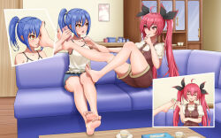 Rule 34 | 2girls, absurdres, ahoge, barefoot, blue hair, candy, cellphone, closed eyes, collarbone, commission, couch, cup, date a live, desk, food, highres, hun shui, indoors, itsuka kotori, lollipop, multiple girls, phone, pixiv commission, ponytail, red eyes, red hair, sitting, smartphone, takamiya mana, tissue box, twintails