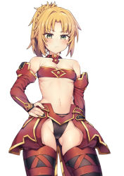 Rule 34 | 1girl, arm at side, armor, bare shoulders, black panties, black thighhighs, blonde hair, blush, braid, breasts, cleavage, cowboy shot, detached collar, detached sleeves, fate/apocrypha, fate (series), faulds, french braid, gluteal fold, green eyes, hand on own hip, highres, jp06, long hair, long sleeves, looking at viewer, medium breasts, mordred (fate), mordred (fate/apocrypha), navel, panties, parted bangs, ponytail, simple background, smile, solo, standing, stomach, strapless, thighhighs, tube top, underwear, v-shaped eyebrows, white background