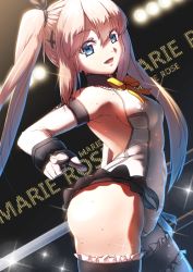 Rule 34 | 1girl, arched back, bare shoulders, blonde hair, blue eyes, breasts, character name, contrapposto, dead or alive, dead or alive 5, dutch angle, elbow gloves, gloves, hair between eyes, hair ornament, hairclip, bridal garter, leotard, looking at viewer, magma chipmunk, marie rose, pointing, sideboob, small breasts, smile, solo, standing, sweat, tecmo, thighhighs, twintails
