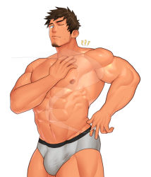 Rule 34 | 1boy, abs, bad id, bad pixiv id, bara, biceps, bite mark, black hair, brown hair, bulge, cigarette, facial hair, hand on own chest, kuromine hiraya, large pectorals, long sideburns, male focus, male underwear, manly, mature male, muscular, muscular male, navel, nipples, no pants, one eye closed, original, pectorals, sideburns, smoke, solo, spiked hair, stubble, sweat, sweatdrop, thick arms, thick eyebrows, thick thighs, thighs, tight clothes, topless male, underwear, white background