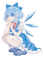 Rule 34 | 1girl, :o, absurdres, black footwear, blue bow, blue dress, blue eyes, blue hair, bow, cirno, collared shirt, detached wings, dress, food, from side, full body, hair between eyes, hair bow, hand on own chin, highres, holding, holding food, holding popsicle, ice, ice wings, looking at viewer, looking to the side, mary janes, medium hair, neck ribbon, open mouth, pinafore dress, popsicle, puffy short sleeves, puffy sleeves, red ribbon, ribbon, shirt, shocho (shaojiujiu), shoes, short sleeves, simple background, sleeveless, sleeveless dress, socks, solo, touhou, white background, white shirt, white socks, wings
