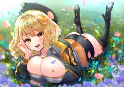 Rule 34 | 1girl, :d, ahoge, anis (nikke), arm rest, ass, beret, black footwear, black hat, black jacket, black thighhighs, blonde hair, blush, breasts, cleavage, field, flower, flower field, goddess of victory: nikke, grass, grey shirt, hair intakes, hair ornament, hand on own cheek, hand on own face, hat, high heels, highres, jacket, large breasts, looking at viewer, lying, multicolored clothes, multicolored jacket, nature, on stomach, open mouth, shirt, short hair, short shorts, shorts, smile, solo, teeth, thighhighs, torisenpai art, twitter username, two-tone jacket, upper teeth only, yellow eyes, yellow jacket