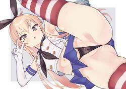 Rule 34 | 1girl, anchor hair ornament, armpits, arms up, black hairband, black neckerchief, black panties, blue skirt, brown eyes, cameltoe, commentary request, crop top, dutch angle, elbow gloves, gloves, grey background, hair ornament, hairband, highleg, highleg panties, kantai collection, looking at viewer, microskirt, midriff, navel, neckerchief, open mouth, panties, pleated skirt, rampage 2nd, school uniform, serafuku, shimakaze (kancolle), shirt, skirt, solo, split, standing, standing on one leg, standing split, striped clothes, striped thighhighs, thighhighs, two-tone background, underwear, v, white background, white gloves, white shirt