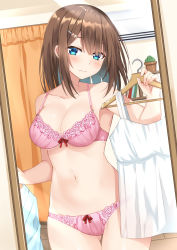 Rule 34 | 1girl, air conditioner, blue eyes, book, bow, bow panties, bra, breasts, brown hair, cleavage, closed mouth, clothes hanger, collarbone, commentary request, cowboy shot, curtains, gluteal fold, hair ornament, hairclip, highres, holding, holding clothes, holding shirt, indoors, komori kuzuyu, lace, lace-trimmed bra, lace-trimmed panties, lace trim, lingerie, medium breasts, medium hair, mirror, navel, original, panties, pink bra, pink panties, plant, potted plant, reflection, shirt, sidelocks, sleeveless, sleeveless shirt, solo, standing, underwear, underwear only, white shirt