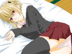 Rule 34 | 1girl, amane misa, bed, black thighhighs, blonde hair, blush, brown eyes, death note, game cg, lying, maten, on side, panties, pillow, skirt, solo, thighhighs, twintails, underwear