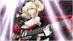Rule 34 | 1girl, admiral hipper (azur lane), admiral hipper (muse) (azur lane), azur lane, black jacket, black necktie, blonde hair, blouse, breasts, electric guitar, fingerless gloves, gloves, guitar, highres, holding, holding instrument, instrument, jacket, long hair, looking at viewer, medium breasts, necktie, open clothes, open jacket, shirt, sideboob, single glove, sleeveless, sleeveless shirt, solo, victear, white gloves, white shirt