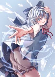 Rule 34 | 1girl, arms up, ass, black footwear, bloomers, blue background, blue bow, blue dress, blue eyes, blue hair, blush, bow, bowtie, cirno, collared shirt, cryokinesis, dress, eyes visible through hair, gradient background, grey socks, hair between eyes, hand on own head, hands up, highres, ice, ice wings, leg up, looking at viewer, mahoro (minase mahoro), open mouth, red bow, red bowtie, shirt, shoes, short hair, short sleeves, smile, socks, solo, standing, standing on one leg, tongue, touhou, underwear, v, white shirt, wings