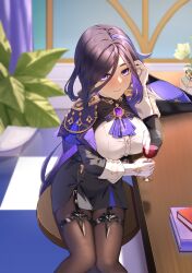 Rule 34 | 1girl, ascot, black skirt, blush, book, brown pantyhose, cape, clorinde (genshin impact), commentary, cup, drinking glass, feet out of frame, genshin impact, gloves, hat, highres, holding, holding cup, lan qiandai, long hair, looking at viewer, miniskirt, nose blush, pantyhose, pencil skirt, purple ascot, purple cape, purple eyes, purple hair, shirt, sitting, skirt, smile, solo, tricorne, unworn hat, unworn headwear, white gloves, white shirt, wine glass