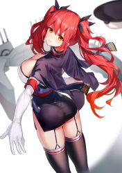 Rule 34 | 1girl, ass, azur lane, black hat, black jacket, black ribbon, black skirt, black thighhighs, blurry, blurry background, breasts, cannon, chain, closed mouth, commentary request, depth of field, elbow gloves, from behind, garter straps, gloves, hair between eyes, hair ribbon, hat, highres, honolulu (azur lane), jacket, jacket on shoulders, large breasts, long hair, looking at viewer, looking back, peaked cap, red eyes, red hair, ribbon, ririko (zhuoyandesailaer), skirt, solo, standing, thighhighs, twintails, v-shaped eyebrows, very long hair, white background, white gloves