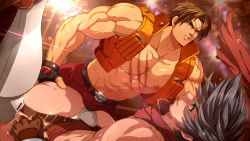 Rule 34 | 2boys, abs, absurdres, bara, bare pectorals, bare shoulders, bloody roar, briefs, brown hair, bulge, bulge to ass, character request, cropped jacket, eye contact, highres, imminent anal, imminent penetration, incest, jacket, large pectorals, looking at another, male focus, male underwear, mazjojo, multiple boys, muscular, muscular male, navel, navel hair, nipples, open clothes, open jacket, pants, pectorals, red pants, scar, scar on chest, short hair, spread legs, stomach, sweat, thighs, underwear, veins, white male underwear, wrestling, yaoi