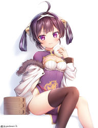 Rule 34 | 1girl, ahoge, asymmetrical legwear, azur lane, bad id, bad pixiv id, bamboo steamer, baozi, blush, breasts, brown hair, brown thighhighs, china dress, chinese clothes, cleavage, cleavage cutout, closed mouth, clothing cutout, commentary request, dress, feet out of frame, food, fur-trimmed hood, fur trim, fur trimm, hair rings, hairpods, hand up, highres, holding, holding food, hood, hood down, hooded jacket, jacket, licking lips, long sleeves, looking at viewer, medium breasts, ning hai (azur lane), off shoulder, pelvic curtain, purple dress, purple eyes, shadow, single thighhigh, sitting, smile, solo, suyamori, thighhighs, tongue, tongue out, twitter username, uneven legwear, v-shaped eyebrows, white background, white jacket