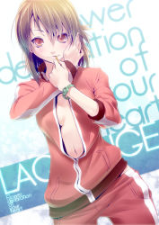 Rule 34 | 10s, 1girl, adjusting hair, bracelet, breasts, brown hair, hairdressing, jacket, jewelry, kyouno madoka, looking at viewer, mouth hold, navel, nilitsu, no bra, open clothes, open jacket, red eyes, rinne no lagrange, short hair, sleeves pushed up, solo, track jacket, track suit