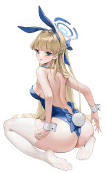 Rule 34 | 1girl, animal ears, ass, back, bare shoulders, blonde hair, blue archive, blue eyes, blue leotard, blush, bow, bowtie, braid, breasts, detached collar, fake animal ears, french braid, halo, highleg, highleg leotard, highres, leotard, long hair, looking at viewer, looking back, medium breasts, parted lips, playboy bunny, rabbit ears, rabbit tail, sitting, smile, solo, tail, thighhighs, toki (blue archive), toki (bunny) (blue archive), wariza, white thighhighs, wrist cuffs, zhudouzi