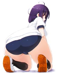Rule 34 | 1girl, ahoge, ass, bad id, bad pixiv id, buruma, dd (ijigendd), gym uniform, hair flaps, highres, kantai collection, looking at viewer, looking back, looking down, low twintails, purple hair, red eyes, short sleeves, solo, squatting, taigei (kancolle), twintails