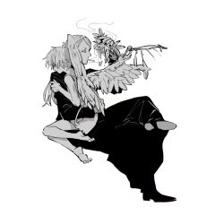 Rule 34 | 2boys, aged down, angel, angel wings, barefoot, blonde hair, child, cigarette, daybit sem void, dress, fate/grand order, fate (series), feathered wings, feathers, hand on another&#039;s shoulder, long hair, male focus, monochrome, multiple boys, nobicco, profile, short hair, simple background, sitting, smoke, smoking, tezcatlipoca (fate), white background, wings