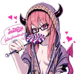 Rule 34 | 1girl, bad id, bad twitter id, breasts, candy, cleavage, clothes writing, dated, food, hair between eyes, heart, hood, hoodie, horns, jewelry, lollipop, long hair, red eyes, red hair, ring, saitou teikoku, short sleeves, solo, tail, torn clothes, white background