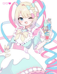 Rule 34 | 1girl, ;d, blonde hair, blue bow, blue dress, blue eyes, blue hair, bow, chouzetsusaikawa tenshi-chan, collared dress, commentary request, cowboy shot, cup, dress, frilled dress, frills, hair bow, hand up, heart, holding, holding cup, kabe (zp66104), long hair, looking at viewer, multicolored hair, needy girl overdose, official alternate costume, one eye closed, open mouth, pink bow, pink hair, quad tails, simple background, smile, solo, standing, sweets paradise, white background, white bow, yellow bow