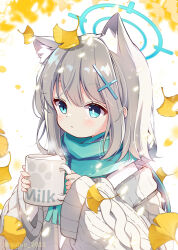 Rule 34 | 1girl, animal ear fluff, animal ears, blue archive, blue eyes, blue scarf, blush, closed mouth, cross hair ornament, cup, extra ears, grey hair, hair between eyes, hair ornament, holding, holding cup, medium hair, scarf, shiroko (blue archive), solo, subin (subin 2011), sweater, upper body, white sweater, wolf ears