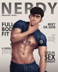 Rule 34 | 1boy, abs, bara, bare pectorals, black hair, blue pants, blue shirt, closed mouth, clothes lift, cover, cover page, doctor, earrings, fake cover, fake magazine cover, hand on own chin, highres, jewelry, large pectorals, looking at viewer, magazine (object), magazine cover, male focus, muscular, muscular male, navel, nerdyart1, nipples, original, pants, pectorals, shirt, shirt lift, short hair, solo, thick eyebrows