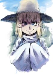 Rule 34 | 1girl, blonde hair, blue eyes, blue vest, brown hat, closed mouth, commentary request, hair ribbon, hands in opposite sleeves, hat, highres, long sleeves, looking at viewer, moriya suwako, red ribbon, ribbon, shirt, short hair, smile, solo, touhou, turtleneck, upper body, vest, white shirt, wide sleeves, yocchi (tenyunkel)