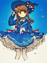 Rule 34 | 1girl, akasasachii, blue hat, blue sailor collar, blue shirt, blue skirt, blush, braid, brown hair, closed mouth, cowboy shot, frilled skirt, frills, funamusea, hat, long hair, long sleeves, looking to the side, low twin braids, neckerchief, oounabara to wadanohara, sailor collar, shirt, skirt, sleeve cuffs, solo, sparkle, twin braids, wadanohara, white neckerchief, witch hat