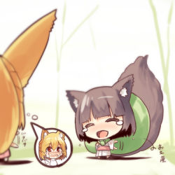 Rule 34 | 2girls, :d, ^ ^, afterimage, animal ears, blonde hair, blush, brown hair, chibi, closed eyes, crying, crying with eyes open, day, fox ears, fox girl, fox tail, hair between eyes, head tilt, japanese clothes, kimono, long sleeves, multiple girls, nose blush, open mouth, original, outdoors, print kimono, red eyes, shirt, short hair, smile, standing, streaming tears, tail, tears, translation request, waving, white kimono, white shirt, wide sleeves, yuuji (yukimimi)