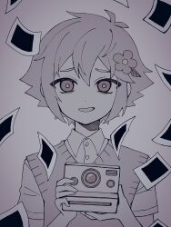 Rule 34 | 0tz026, 1boy, basil (faraway) (omori), basil (omori), camera, collared shirt, flower, greyscale, hair flower, hair ornament, highres, holding, holding camera, looking at viewer, monochrome, nervous smile, omori, open mouth, photo (object), shirt, short hair, short sleeves, smile, solo, sweater vest, upper body