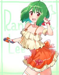 Rule 34 | 1girl, :d, ahoge, bow, character name, commentary, dress, green hair, idol, macross, macross frontier, microphone, niina ryou, open mouth, orange dress, ranka lee, red bow, red eyes, short hair, single horizontal stripe, smile, solo, thighhighs, white thighhighs, wrist bow, zettai ryouiki