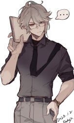 Rule 34 | 1boy, absurdres, ahoge, alhaitham (genshin impact), artist name, belt, black necktie, black shirt, black undershirt, blue eyes, clipboard, closed mouth, dated, dokex xx, dress shirt, genshin impact, glasses, grey hair, grey pants, hand on own hip, hand up, highres, holding, holding clipboard, looking at viewer, male focus, necktie, pants, rectangular eyewear, shirt, short hair, simple background, sleeves rolled up, solo, standing, white background