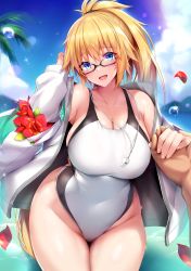 Rule 34 | 1girl, 1other, :d, absurdres, alternate costume, bag, bare shoulders, blonde hair, blue eyes, blue gk, blue jacket, blurry, blurry background, blush, breasts, cleavage, collarbone, commentary, covered navel, day, fate/grand order, fate (series), glasses, glint, groin, hair between eyes, hairband, hand up, highleg, highleg swimsuit, highres, holding hands, hood, hooded jacket, jacket, jeanne d&#039;arc (fate), jeanne d&#039;arc (ruler) (fate), jeanne d&#039;arc (swimsuit archer) (fate), jeanne d&#039;arc (swimsuit archer) (second ascension) (fate), large breasts, long hair, looking at viewer, off shoulder, one-piece swimsuit, open clothes, open mouth, outdoors, ponytail, pov, shiny skin, shoulder bag, sidelocks, sitting, skindentation, smile, solo focus, swimsuit, thighs, very long hair, wet, whistle, whistle around neck, yamoge
