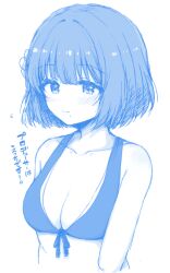 1girl bare_shoulders bikini blue_theme breasts cleavage closed_mouth collarbone flower flying_sweatdrops gakuen_idolmaster hair_flower hair_ornament hataya_misuzu idolmaster lockheart looking_at_viewer medium_breasts mole mole_under_eye monochrome short_hair simple_background solo swimsuit translation_request upper_body white_background