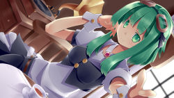 Rule 34 | 1girl, absurdres, black vest, breasts, chair, cup, dutch angle, goggles, goggles on head, green eyes, green hair, gumi, highres, indoors, looking at viewer, medium breasts, mikan (bananoha), phonograph, puffy short sleeves, puffy sleeves, revision, short hair, short hair with long locks, short sleeves, sitting, skirt, smile, solo, table, vest, vocaloid, wrist cuffs