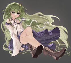 Rule 34 | 1girl, absurdres, black background, blue skirt, boots, brown footwear, collared shirt, commentary, cross-laced footwear, detached sleeves, english commentary, frog hair ornament, full body, green eyes, green hair, hair ornament, highres, kochiya sanae, long hair, ougiikun, shirt, simple background, skirt, snake hair ornament, solo, touhou, white shirt