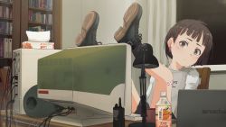 Rule 34 | 1girl, artist name, bandaid, bookshelf, boots, bottle, brown eyes, brown hair, cable, clip studio paint (medium), computer, earrings, feet up, highres, indoors, jewelry, monitor, original, russian commentary, servachok, short hair, solo