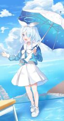 Rule 34 | 1girl, absurdres, arona (blue archive), blue archive, blue eyes, blue hair, blue halo, blue shirt, choker, colored inner hair, eyes visible through hair, full body, hair over one eye, halo, highres, holding, holding umbrella, long sleeves, multicolored hair, open mouth, pink hair, pleated skirt, sailor collar, shirt, shoes, short hair, skirt, smile, solo, umbrella, upper body, white choker, white footwear, white sailor collar, white skirt, wjddn