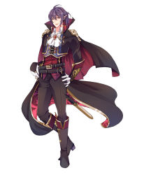 Rule 34 | 1boy, ahoge, alcohol, belt, belt buckle, black cape, black footwear, black pants, boots, buckle, cape, food fantasy, full body, gem, gloves, hand on own hip, highres, looking at viewer, male focus, pants, personification, pointy ears, purple hair, red eyes, sheath, sheathed, simple background, standing, sword, vest, weapon, white background, white gloves, white neckwear, wine
