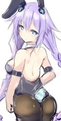 Rule 34 | absurdres, animal ears, ass, back, back muscles, bare shoulders, bimmy, blue eyes, bodysuit, braid, breasts, collar, frown, hair ornament, hairclip, highres, leotard, long hair, medium breasts, neptune (neptunia), neptune (series), play girl, playboy bunny, purple hair, purple heart (neptunia), rabbit, rabbit ears, rabbit tail, tail