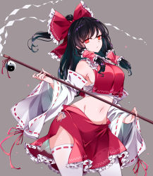 Rule 34 | 1girl, absurdres, bandages, bare shoulders, black hair, bow, breasts, closed mouth, collared shirt, commentary, detached sleeves, eyelashes, frills, gohei, grey background, grey thighhighs, hair between eyes, hair ornament, hair tubes, hakurei reimu, hands up, highres, long sleeves, looking at viewer, medium breasts, navel, no panties, orb, ponytail, raptor7, red bow, red eyes, red shirt, red skirt, sarashi, shirt, short hair, simple background, skirt, skirt set, solo, standing, stomach, symbol-only commentary, thighhighs, touhou, white bow, wide sleeves, yin yang, yin yang orb