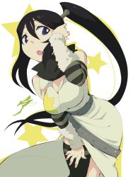 Rule 34 | 1girl, aetherion, black hair, black thighhighs, blue eyes, breasts, cleavage, highres, large breasts, leaning forward, long hair, open mouth, ponytail, scarf, solo, soul eater, thighhighs, tsubaki (soul eater), very long hair