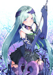 Rule 34 | 1girl, aqua hair, armor, black skirt, breasts, brynhildr (fate), brynhildr romantia, closed mouth, commentary request, fate/grand order, fate (series), flower, gauntlets, headpiece, holding, holding spear, holding weapon, long hair, looking at viewer, medium breasts, polearm, purple eyes, sahara386, skirt, solo, spear, standing, thighhighs, thighs, very long hair, weapon