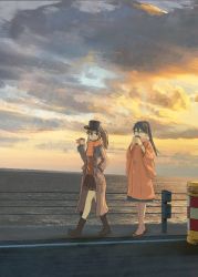 Rule 34 | 2girls, blue hair, boots, brown eyes, brown hair, cloud, coat, coffee, highres, houshou (kancolle), japanese clothes, kantai collection, multiple girls, nito (nshtntr), ocean, pier, ponytail, ryuujou (kancolle), sandals, scarf, sky, trench coat, twintails, visor cap, walking, zouri