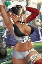 Rule 34 | 1girl, absurdres, animal hat, armpits, arms up, bandaged arm, bandages, blush, breasts, cat hat, clover, cropped vest, dark-skinned female, dark skin, four-leaf clover, groin, guilty gear, guilty gear strive, hair between eyes, hat, highres, large breasts, midriff, navel, panamuru, platinum blonde hair, ramlethal valentine, short shorts, shorts, solo, stairs, sweat, thigh strap, thighs, vest, white hat, yellow eyes